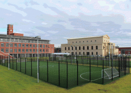 Active landscapes playground equipment Five a side pitch installed with 3G synthetic grass, rebound panels 868 system