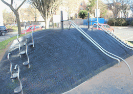 Active landscapes playground equipment Islington Clifton House repair damaged embankment then turf and install grass lock grass mats